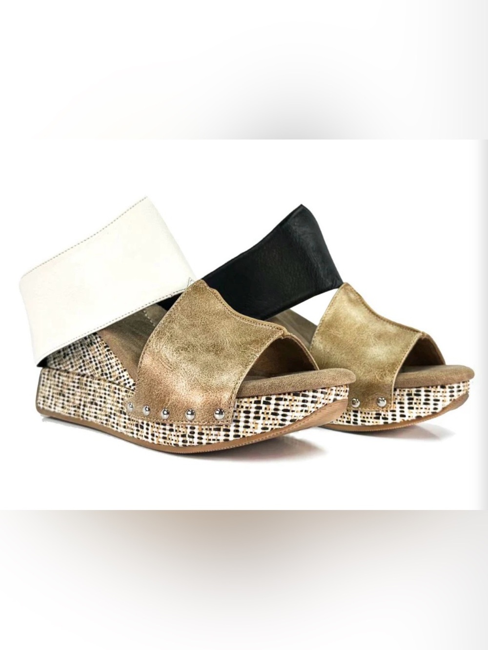 Modzori Virginia 2 Reversible Wedge Sandals Gold Black White Size 6